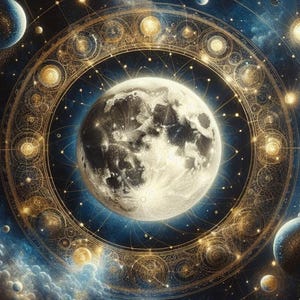 Könnte beinhalten: Ein großer, detaillierter Mond befindet sich in der Mitte einer goldenen, kreisförmigen Himmelskarte. Die Karte zeigt komplizierte geometrische Muster, strahlende Linien und kleine leuchtende Kugeln vor einem tiefblauen, sternenklaren Hintergrund.
