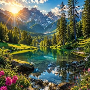 May include: A landscape featuring a clear lake reflecting snow-capped mountains under a bright sun. A small waterfall flows over rocks in the foreground, surrounded by pink and yellow wildflowers. Tall evergreen trees line the shore.