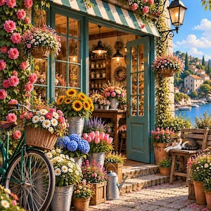 Puede incluir: Un escaparate con una bicicleta verde, cestas de mimbre llenas de margaritas, girasoles, hortensias y tulipanes en cubos de metal. Un gato descansa en un banco de madera cerca de un camino de piedra, con rosas trepadoras y vistas a la costa.