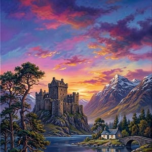 Peut inclure: Une peinture représentant un château en pierre perché sur une falaise rocheuse surplombant un lac, avec une petite maison et un pont en pierre à proximité. Des montagnes enneigées se dressent sous un ciel de coucher de soleil aux tons violets.