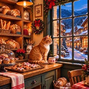 Könnte beinhalten: Eine orangefarbene getigerte Katze sitzt auf einer hölzernen Theke in einer Bäckerei voller Brotlaibe, Kekse und Weihnachtsdekorationen. Ein großes Fenster blickt auf eine verschneite Dorfstraße in der Dämmerung, während ein rot-weiß kariertes Tuch hängt.