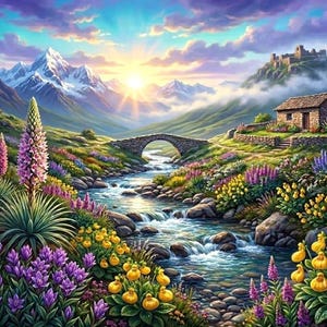 Patrón de punto de cruz de montaña al amanecer alpino, gráfico de bordado de paisaje de cobertura completa, PDF digital avanzado, arte mural paisajístico de naturaleza para hacer tú mismo