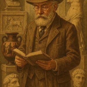 May include: A sepia-toned illustration of a bearded individual wearing a fedora, glasses, and a suit, reading an open book. The figure is surrounded by classical sculptures, including stone busts, a full-length statue, and a decorated ceramic vase.