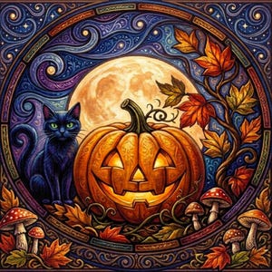 May include: A circular illustration featuring a black cat with green eyes sitting beside a glowing orange jack-o'-lantern. The scene includes a large full moon, swirling blue and purple patterns, autumn leaves in shades of red and gold, and small mushrooms.