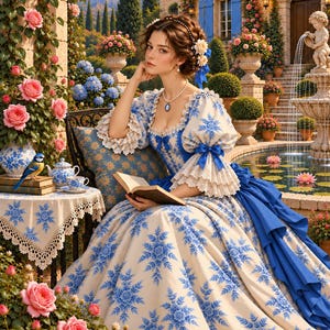 Könnte beinhalten: Eine Person trägt ein cremefarbenes Kleid mit blauem Blumen-Schneeflockenmuster, Puffärmeln mit Spitzenbesatz und blauen Schleifen. Das Kleid hat einen weiten Rock und ein eng anliegendes Oberteil. Die Person hält ein offenes Buch in den Händen.