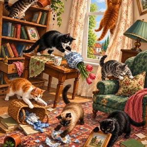 Puede incluir: Una ilustración vibrante de siete gatos causando caos en una habitación. Un gato trepa por una cortina, otro vuelca un jarrón de tulipanes, mientras otros juegan con libros, una cesta, una pieza de cerámica rota y un marco de fotos.