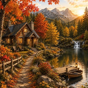 Puede incluir: Una cabaña de piedra con techo de tejas se encuentra junto a un lago en otoño. Un camino de piedra conduce a la casa, rodeada de arces de colores naranja y rojo vibrantes. Un pequeño bote de madera está amarrado a un muelle cerca de una cascada.
