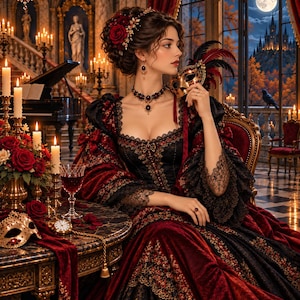May include: A person wearing a black and deep red velvet gown with intricate gold embroidery, lace sleeves, and a matching bodice. The ensemble includes a dark gemstone necklace, drop earrings, and a decorative mask with black and red feathers.