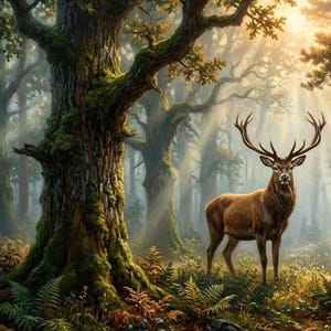 Könnte beinhalten: Ein großer brauner Hirsch mit markantem Geweih steht in einem sonnendurchfluteten Wald. Ein massiver, moosbedeckter Baumstamm dominiert die linke Seite der Szene, während goldenes Licht durch das dichte Blätterdach im Hintergrund fällt.