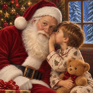 Könnte beinhalten: Der Weihnachtsmann mit weißem Bart und rotem Anzug sitzt neben einem Kind in cremefarbenem Schlafanzug mit Weihnachtsbaummuster. Das Kind hält einen braunen Teddybären mit roter Schleife und flüstert dem Weihnachtsmann am Fenster zu.