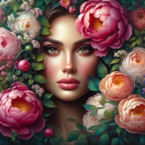 May include: A portrait of a person with brown eyes and dark hair, framed by a dense arrangement of blooming peonies in shades of deep pink, soft peach, and white, interspersed with green leaves and small clusters of tiny white flowers.