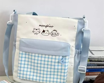 Borsa a tracolla Kawaii con motivo a quadri e gatti / Borsa tote Harajuku per studenti - ItaBagUS®