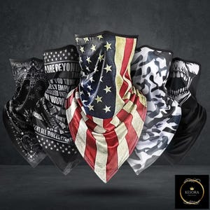May include: A collection of five tubular neck gaiters featuring various designs including a black and white paisley pattern, text-based graphics, a central American flag print, a black and white camouflage pattern, and a white skull graphic.