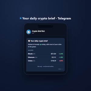 May include: A dark blue digital interface displaying a Crypto Brief Bot message on Telegram. The text reads Your daily crypto brief, listing Bitcoin at $67,420, Ethereum at $3,512, and Solana at $146.30 with corresponding percentage changes.