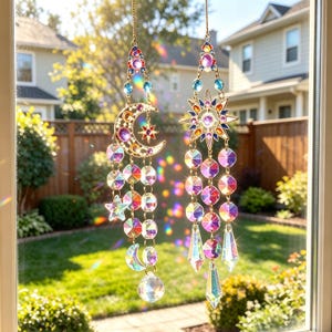 May include: Two hanging suncatchers featuring gold-tone metal frames with a crescent moon and a sun design. Each piece is adorned with colorful faceted glass beads, small star and moon charms, and clear crystal prisms that refract light.