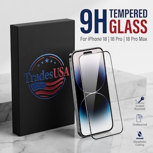 Könnte beinhalten: Eine schwarze Box mit dem TradesUSA-Logo und ein Smartphone mit einem 9H-Hartglas-Displayschutz. Der Text lautet 9H TEMPERED GLASS For iPhone 18 | 18 Pro | 18 Pro Max. Symbole zeigen kratzfest, bruchsicher und eine oleophobe Beschichtung an.