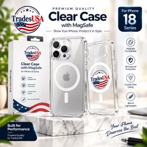 May include: A clear phone case for the iPhone 18 series with a white MagSafe ring on the back. The packaging box features the TradesUSA logo, an American flag graphic, and text including Premium Quality Clear Case with MagSafe and Built for Performance.