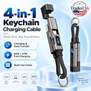 May include: A 4-in-1 keychain charging cable in metallic grey with a black braided loop and a metal ring. The device features a digital display showing 100 PD and includes USB-C input, Lightning, USB-C output, and USB-A output connectors.