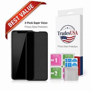 Peut inclure: Un lot de 2 protections d'écran en verre trempé pour smartphone, comprenant une boîte blanche avec le logo TradesUSA et un drapeau américain, deux protections noires, des lingettes nettoyantes humides et sèches, et un chiffon en microfibre gris.