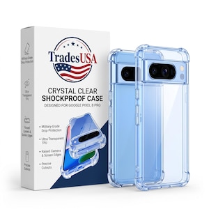 May include: A clear, shockproof TPU phone case for the Google Pixel 8 Pro, displayed next to its white retail packaging. The box features the TradesUSA logo, an American flag graphic, and text highlighting military-grade drop protection.