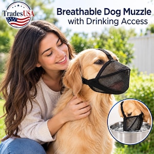 May include: A black mesh dog muzzle with adjustable straps, designed for breathability and drinking access. The product features the text 'Breathable Dog Muzzle with Drinking Access' and a 'TradesUSA' logo. An inset shows the muzzle in use at a water bowl.