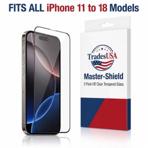 Könnte beinhalten: Ein Smartphone mit einer transparenten Schutzfolie aus gehärtetem Glas davor. Die Verpackung ist weiß mit blauen und roten Akzenten und trägt die Aufschrift TradesUSA Master-Shield 2-Pack HD Clear Tempered Glass. Der Text lautet FITS ALL iPhone 11 to 18 Models.