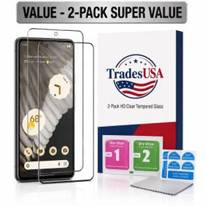 Peut inclure: Un lot de 2 protections d'écran en verre trempé transparent pour smartphone. La boîte d'emballage affiche le logo TradesUSA et le texte 2-Pack HD Clear Tempered Glass. Inclut des lingettes humides et sèches et des autocollants anti-poussière.