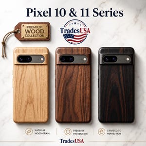 May include: Three phone cases for Pixel 10 & 11 Series in light, medium, and dark wood finishes. Each case features a horizontal camera bar cutout. A brown leather tag reads Premium Wood Collection. The logo TradesUSA and text Natural Wood Grain, Premium Protection, and Crafted to Perfection are visible.