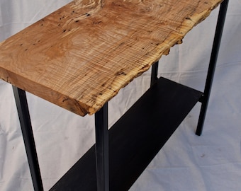 Live Edge fiddelback/spalted maple console table with steel base & shelf