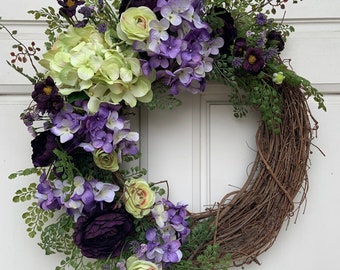 Purple HydrangeaWreath, Green Ranunculus Wreath, Vintage Wreath, Green fern Wreath, Spring Wreath, Summer Wreath, Romantic Vintage Decor