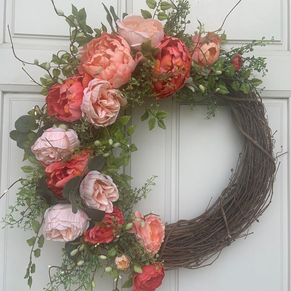 Coral, Peach, Ranunculus Wreath, Peony Wreath, Vintage Wreath, Green fern Wreath, Spring Wreath, Summer Wreath, Romantic Vintage Decor
