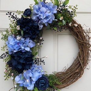 Blue Wreath, Blue Hydrangea Wreath, Navy Blue Wreath, Spring Wreath, Summer Wreath, Romantic Vintage Decor