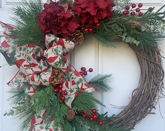 Christmas Wreath, Winter Wreath, Red Cardinal Wreath, Cardinal Wreath, red hydrangea wreath, Natural  wreath