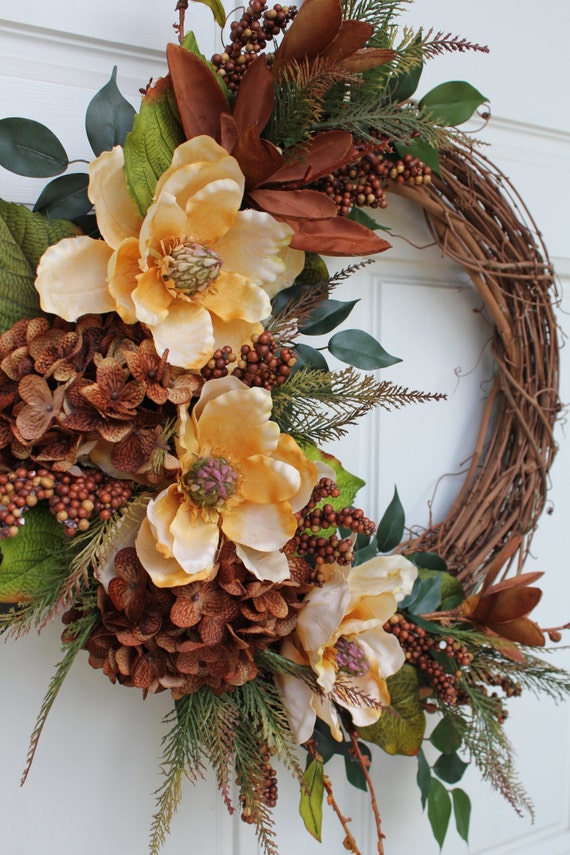 Gold Brown Magnolia Hydrangea Vintage Grapevine Wreath Etsy