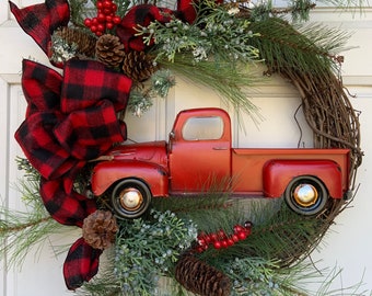 Christmas Wreath, Winter Wreath, Farm Truck, Vintage, Buffalo Plaid, Red Truck Wreath