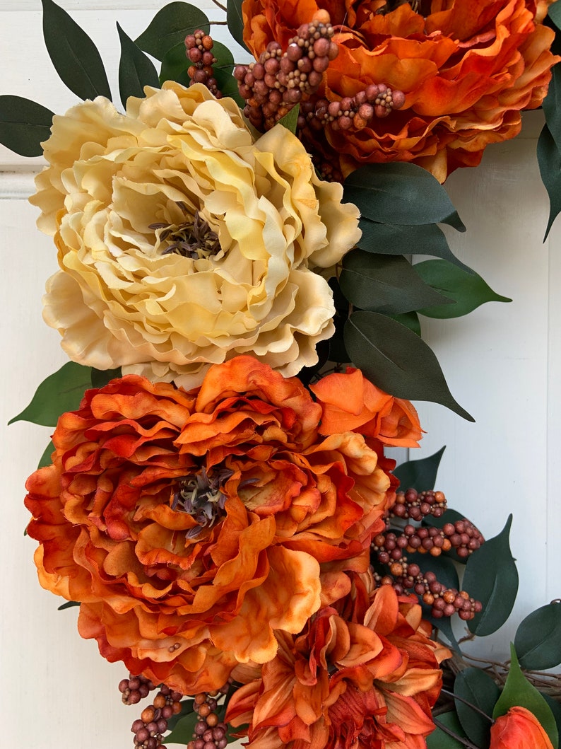 Fall Grapevine Burnt Orange and Golden Peonies with Orange Dahlias image 6