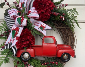 Christmas Wreath, Winter Wreath, Farm Truck, Vintage, Black and White striped ribbon, Red TruckWreath, Christmas Truck Wreath