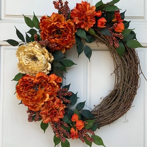 Fall Grapevine Burnt Orange and Golden Peonies with Orange Dahlias