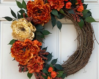 Fall Grapevine Burnt Orange and Golden Peonies with Orange Dahlias