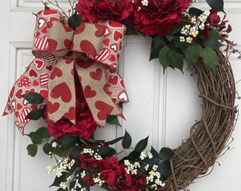 Valentine Wreath, Red Peonies, Red Wisteria, Sweetheart Wreath, Happy Valentine's Wreath. Burlap Heart Bow