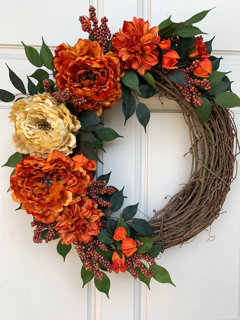 Fall Grapevine Burnt Orange and Golden Peonies with Orange Dahlias image 3