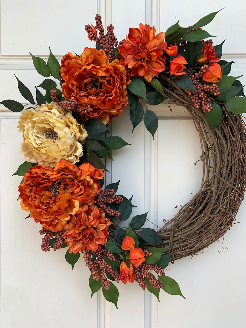 Fall Grapevine Burnt Orange and Golden Peonies with Orange Dahlias image 9