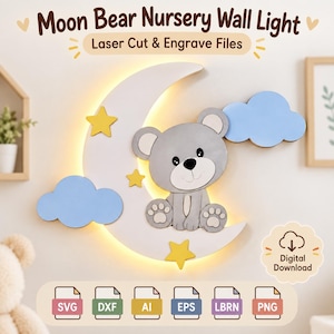 Può includere: Un set di file per taglio e incisione laser Moon Bear Nursery Wall Light con una mezzaluna bianca, un orso grigio, stelle gialle e nuvole azzurre. Include icone di download digitale per i formati di file SVG, DXF, AI, EPS, LBRN e PNG.