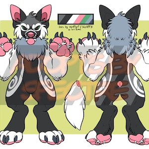 May include: A digital character reference sheet showing front and back views of a grey, black, and white anthropomorphic creature with pink paw pads, a fluffy chest, and spiral markings on the thighs. Includes a separate tail and color palette.