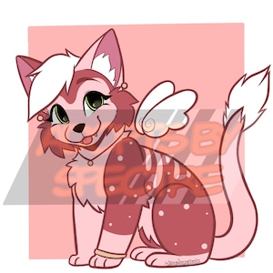 May include: A digital illustration of a winged cat with pink and white fur, large green eyes, and a small tongue sticking out. The cat features a white tuft of hair on its head, a gold collar, and a gold bracelet on its front leg. The text ARTS BY SPECTRE is overlaid.