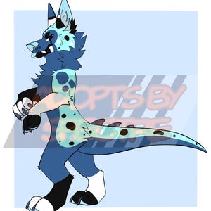 May include: A digital illustration of an anthropomorphic creature with dark blue fur, a light blue spotted torso, and a long tail with dark spikes. The character features black and white markings on its ears, paws, and face, with a light blue snout.
