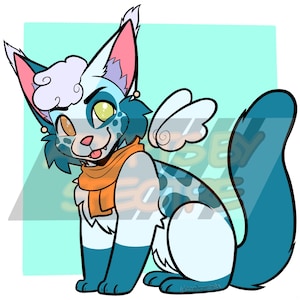 May include: A digital illustration of a feline creature with white and teal fur, featuring a bright orange scarf, small white wings on its back, and heterochromatic eyes. The character has curly white fur on its head and dark teal markings.
