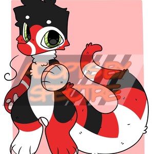 May include: A digital illustration of a stylized anthropomorphic creature with black, red, and white fur patterns. The character features large green eyes, a white chest, and a long striped tail. The text Nocteryx 2021 is visible at the bottom.