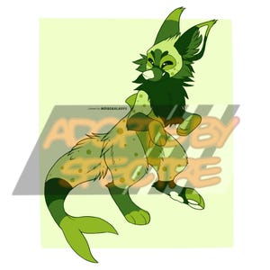 May include: A digital illustration of a green creature with large ears, a fluffy chest, and a long tail ending in a fish-like fin. The creature has spotted markings, dark green accents, and a light green body. Text reads Lineart by INDIGOGALAXY.