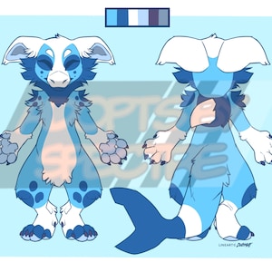 May include: A digital character reference sheet featuring a front and back view of a blue and white anthropomorphic creature with large ears, a shark-like tail, and paw pads. A color palette bar is displayed at the top with five distinct shades.